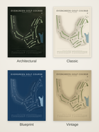 Evergreen Golf Course map poster in four styles: Architectural, Classic, Blueprint and Vintage