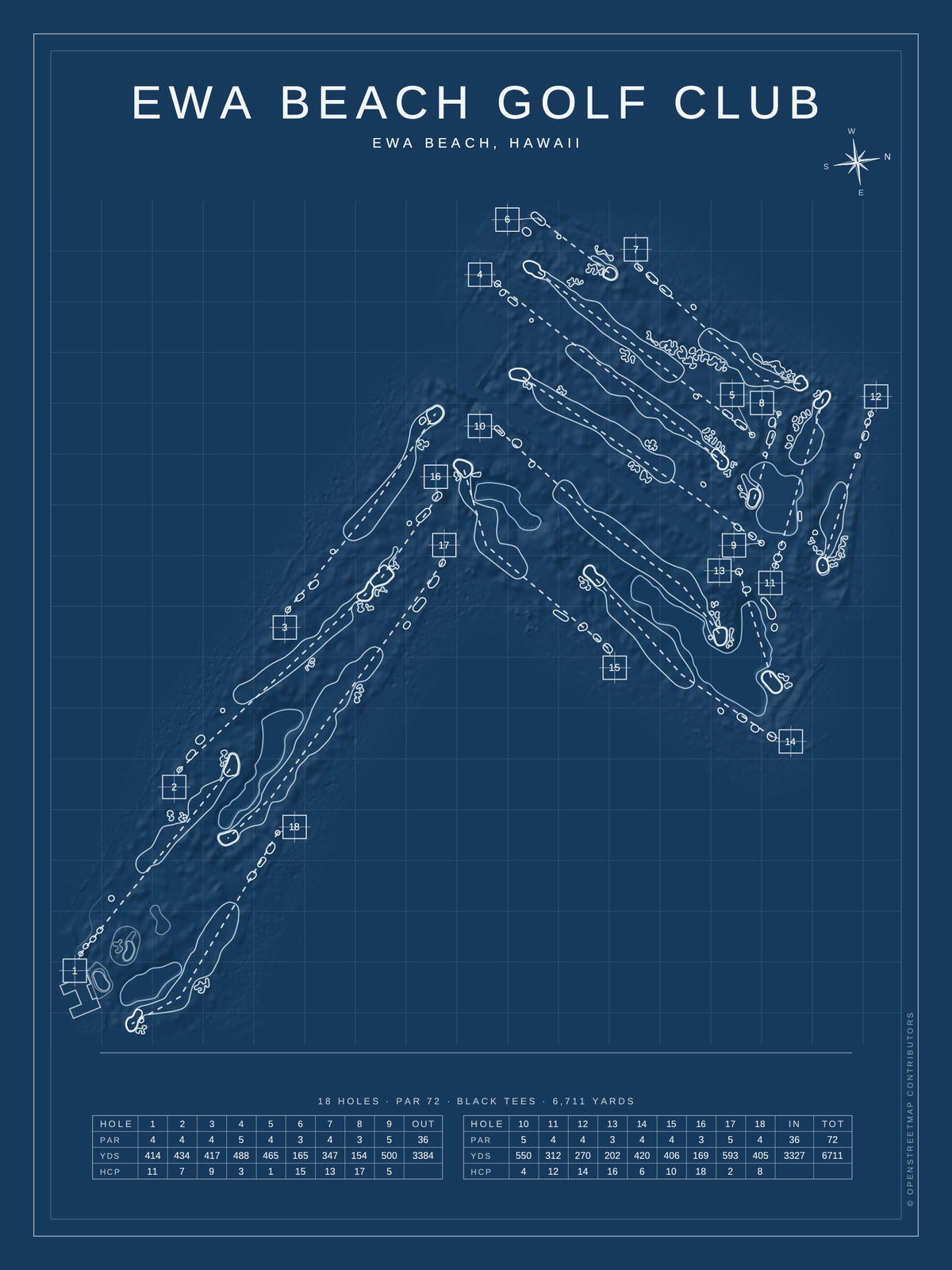 Ewa Beach Golf Club course map poster, Blueprint style, 12×16 / 18×24