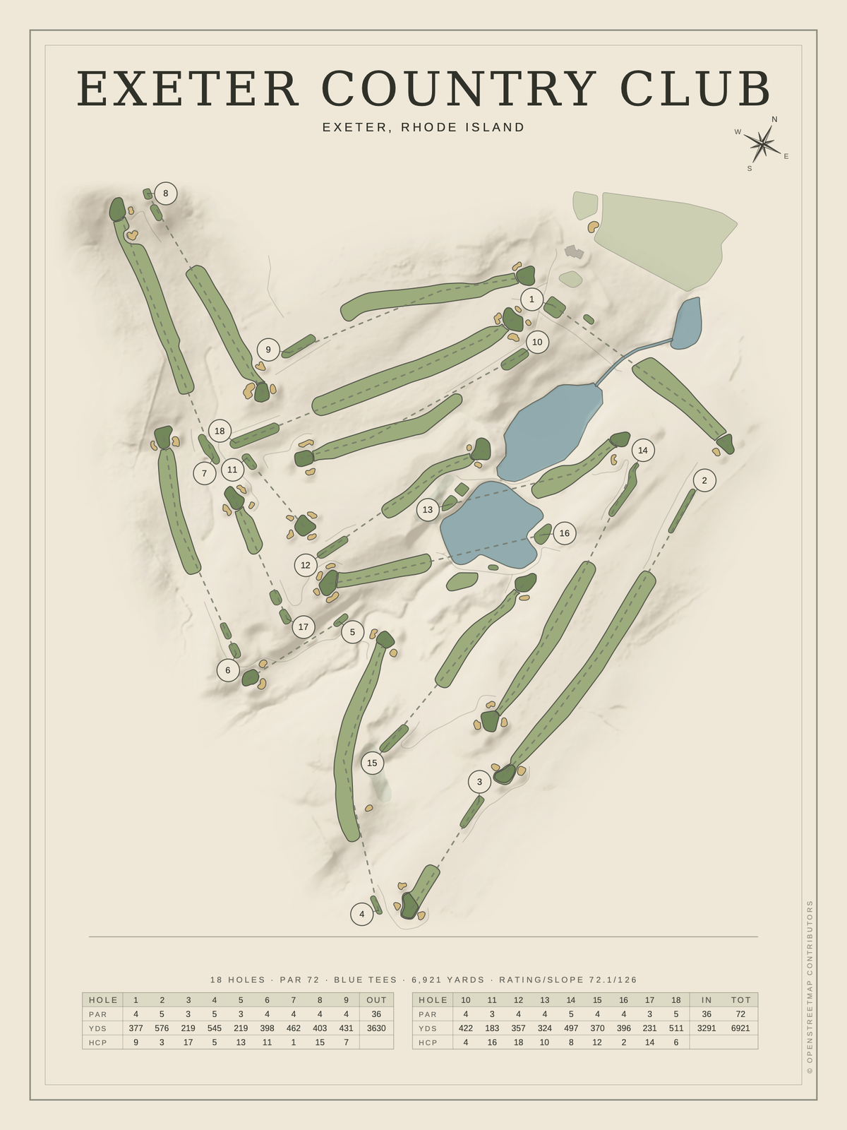 Exeter Country Club course map poster, Classic style, 12×16 / 18×24