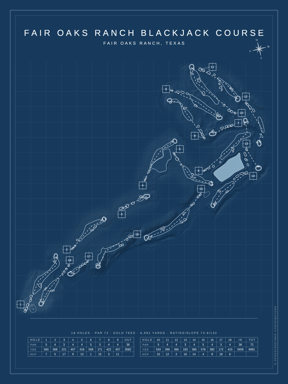 Fair Oaks Ranch Blackjack Course map poster, Blueprint style, 12×16 / 18×24