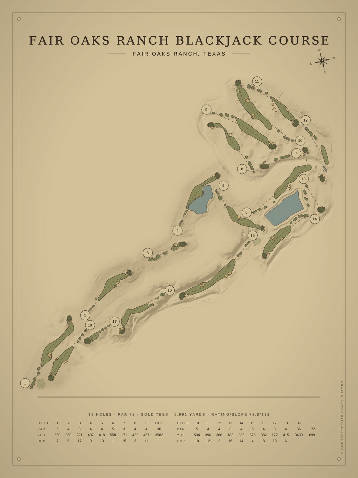 Fair Oaks Ranch Blackjack Course map poster, Vintage style, 12×16 / 18×24