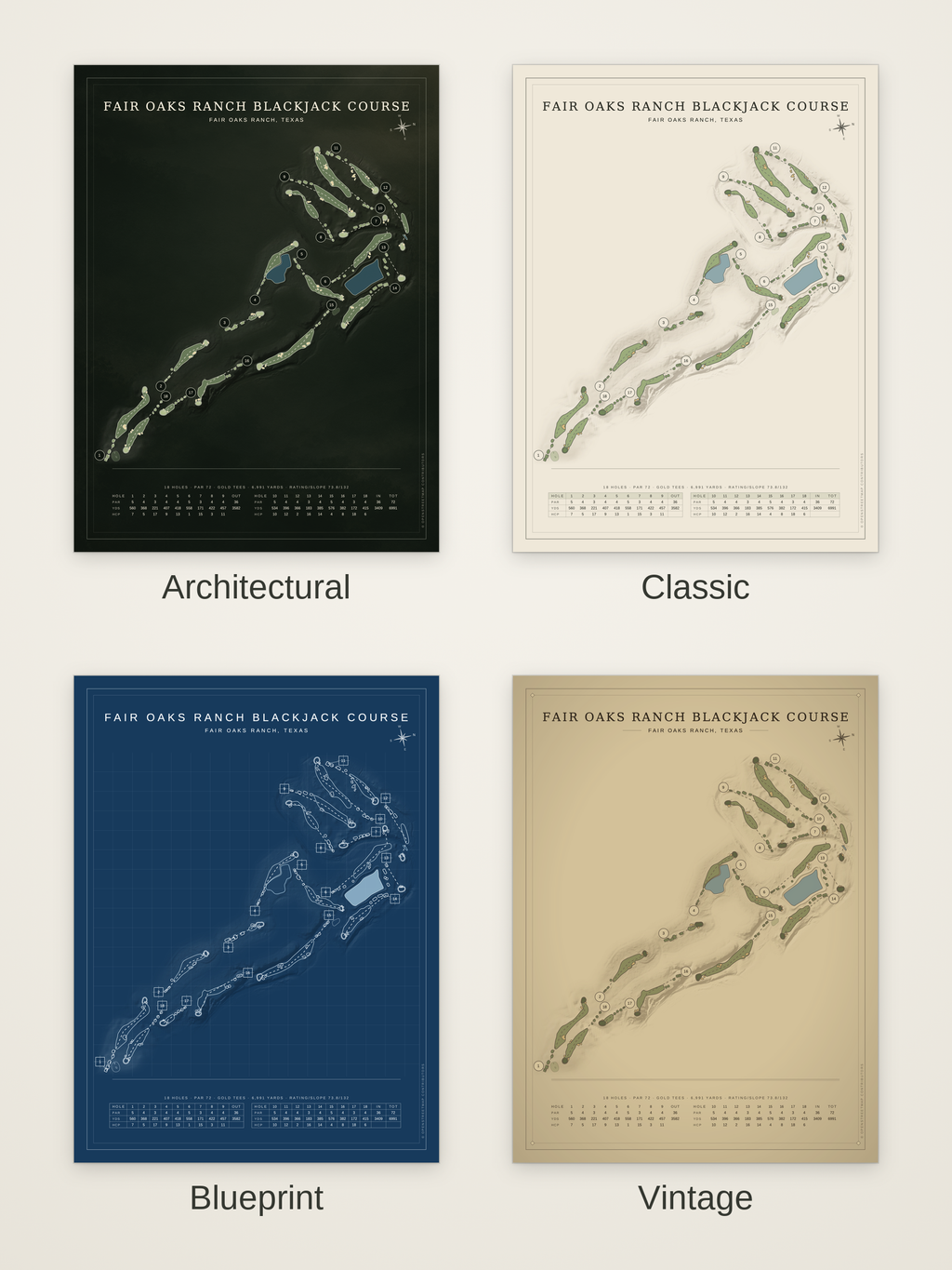 Fair Oaks Ranch Blackjack Course map poster in four styles: Architectural, Classic, Blueprint and Vintage