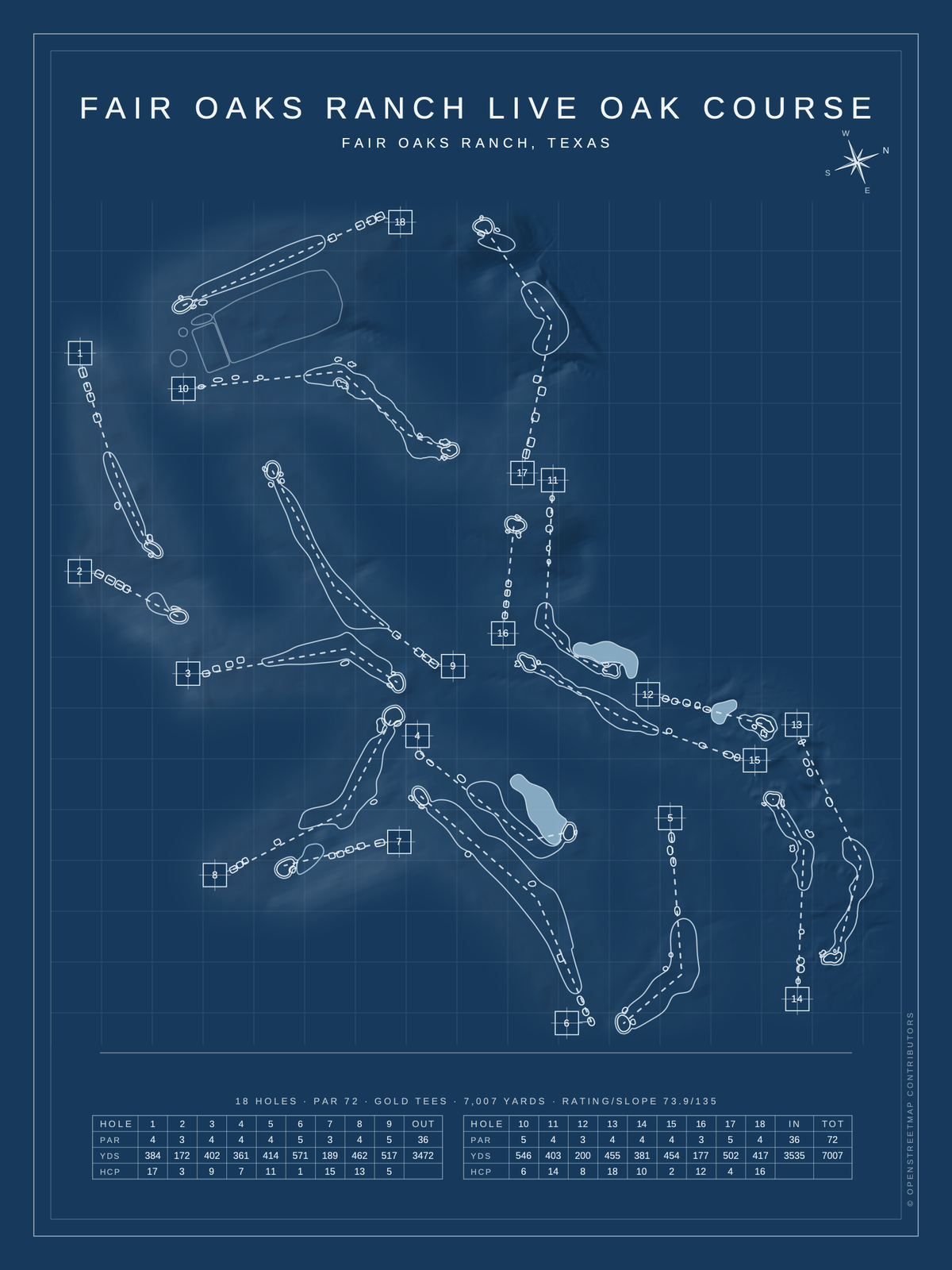 Fair Oaks Ranch Live Oak Course map poster, Blueprint style, 12×16 / 18×24