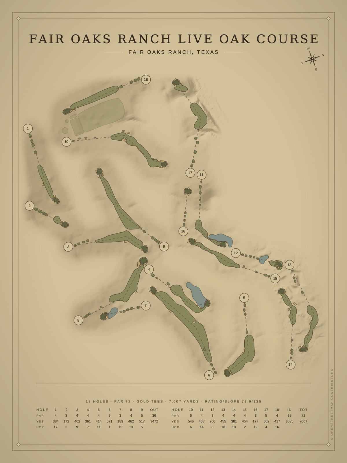 Fair Oaks Ranch Live Oak Course map poster, Vintage style, 12×16 / 18×24