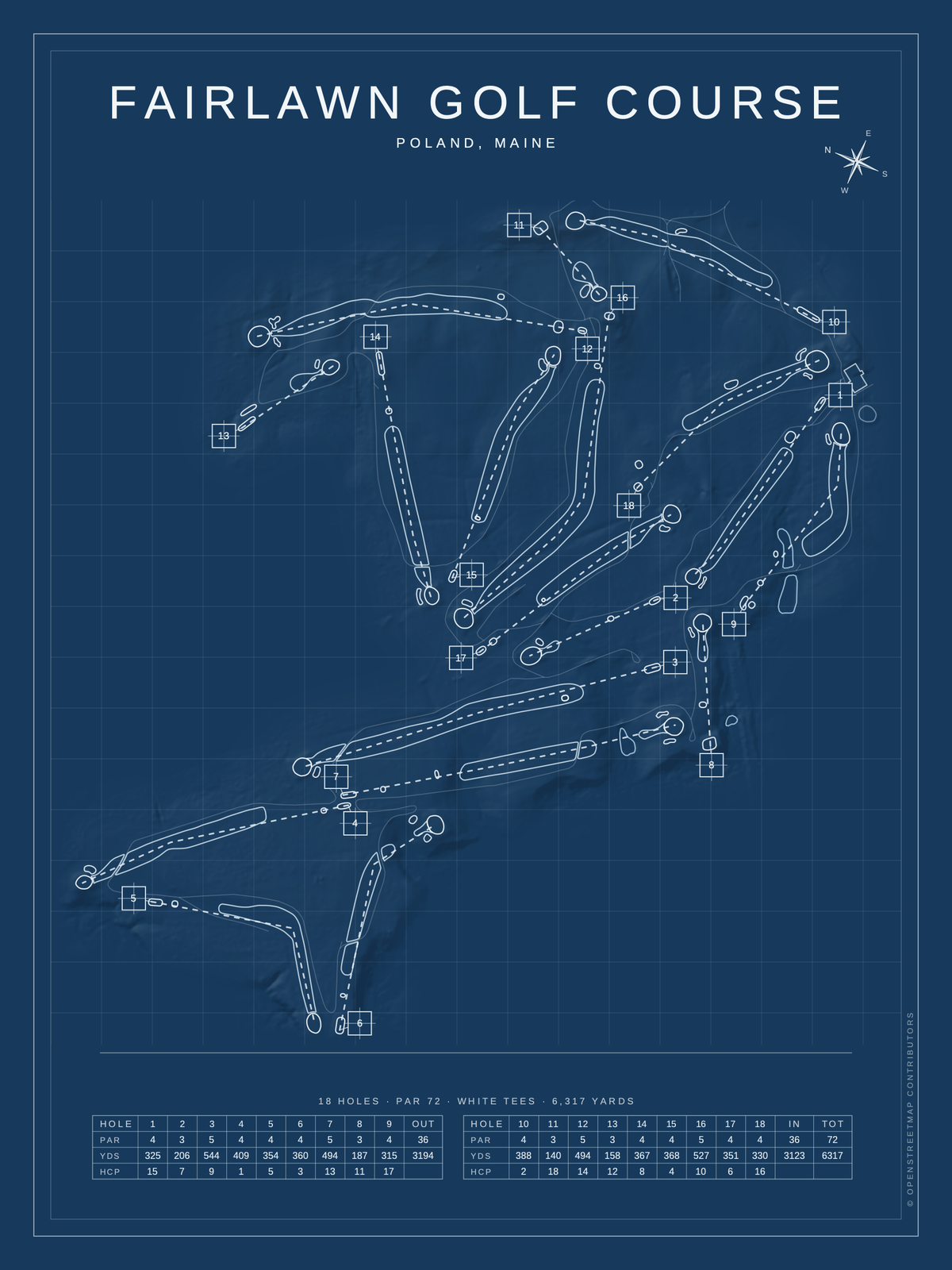 Fairlawn Golf Course map poster, Blueprint style, 12×16 / 18×24