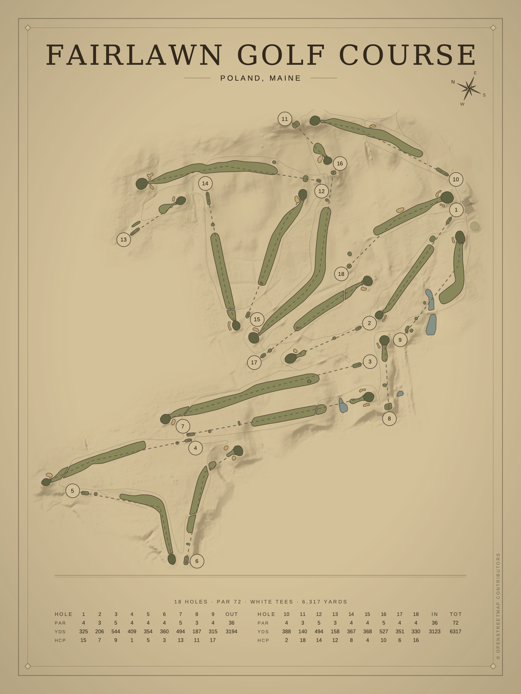 Fairlawn Golf Course map poster, Vintage style, 12×16 / 18×24