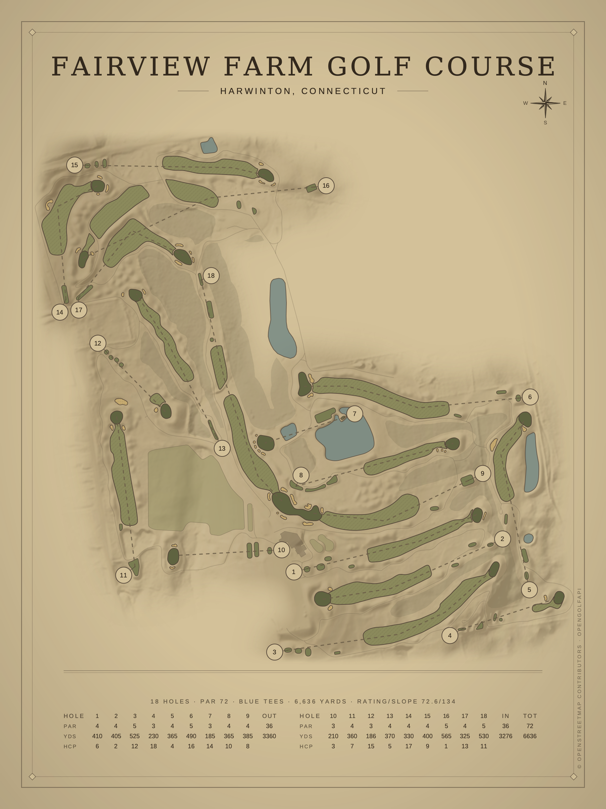 Fairview Farm Golf Course map poster, Vintage style, 12×16 / 18×24