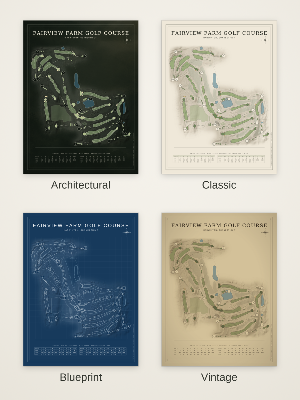 Fairview Farm Golf Course map poster in four styles: Architectural, Classic, Blueprint and Vintage