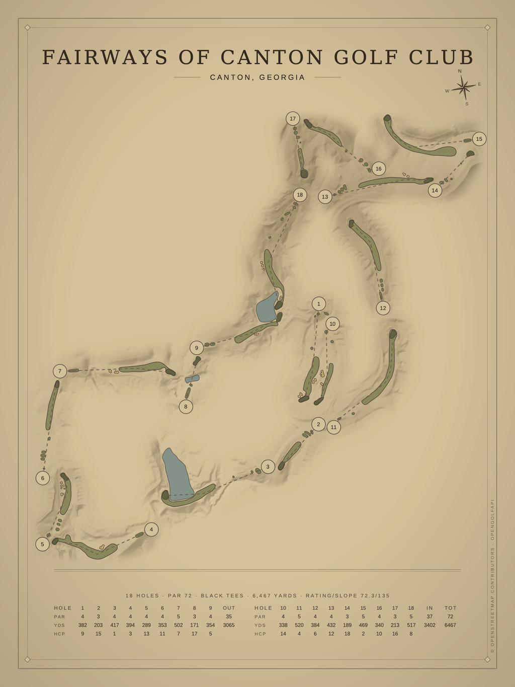 Fairways Of Canton Golf Club course map poster, Vintage style, 12×16 / 18×24