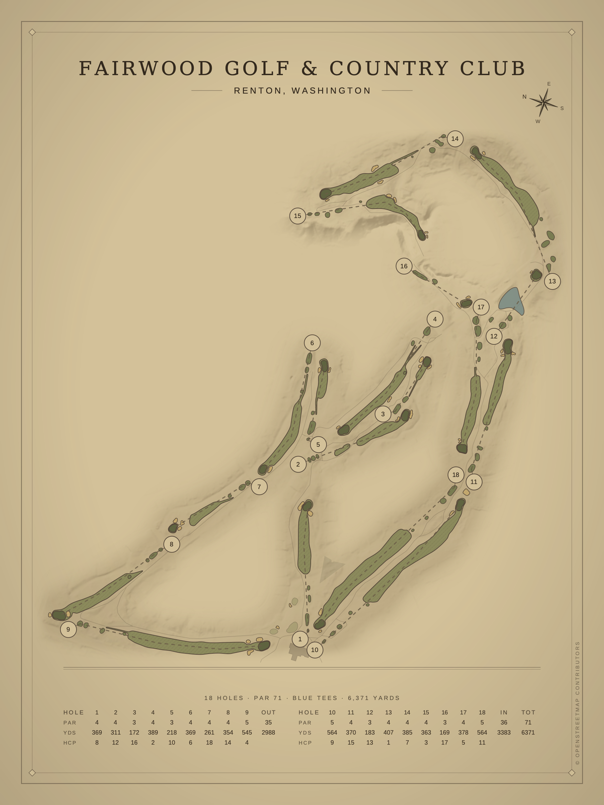 Fairwood Golf & Country Club course map poster, Vintage style, 12×16 / 18×24