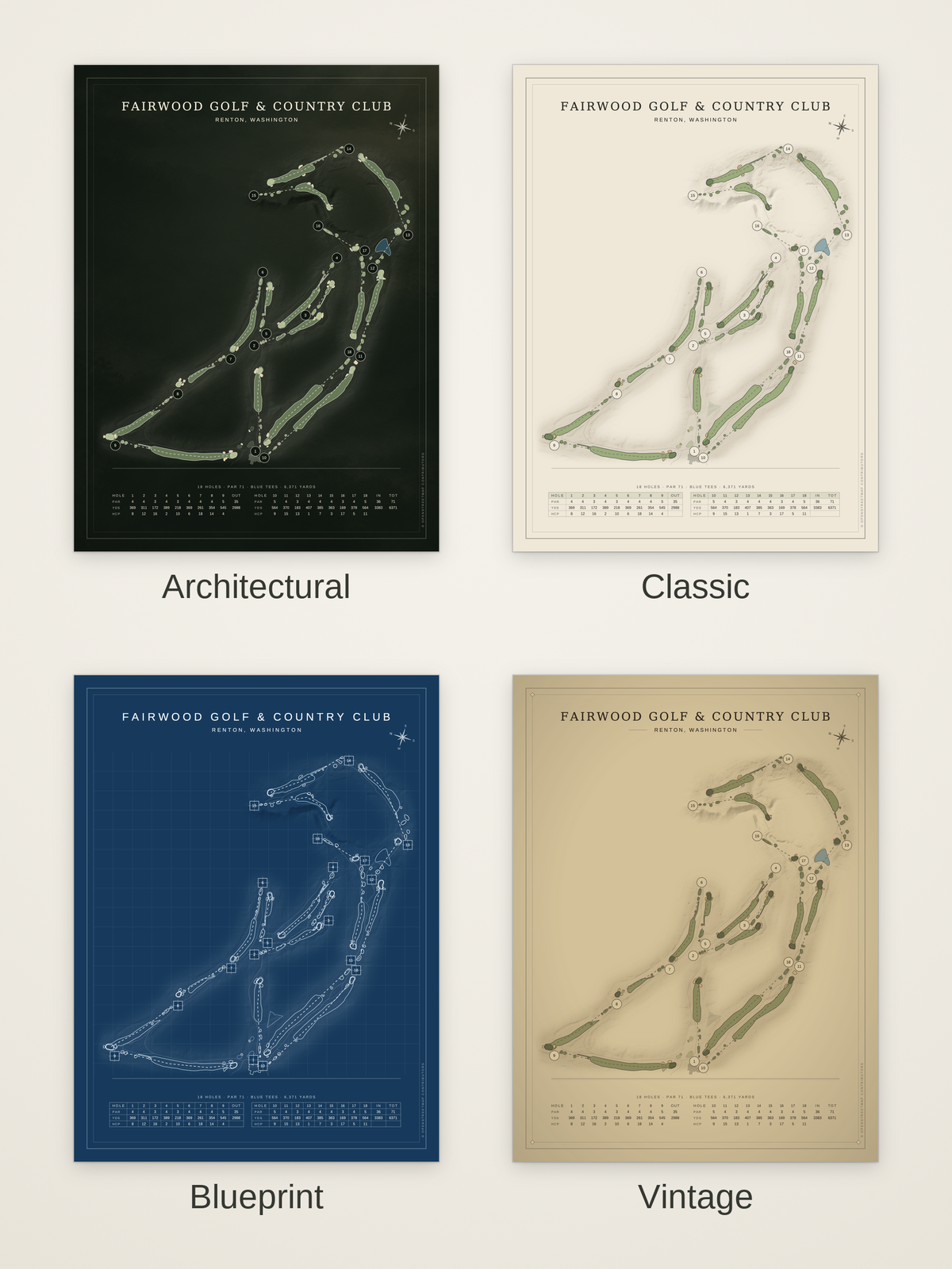 Fairwood Golf & Country Club course map poster in four styles: Architectural, Classic, Blueprint and Vintage