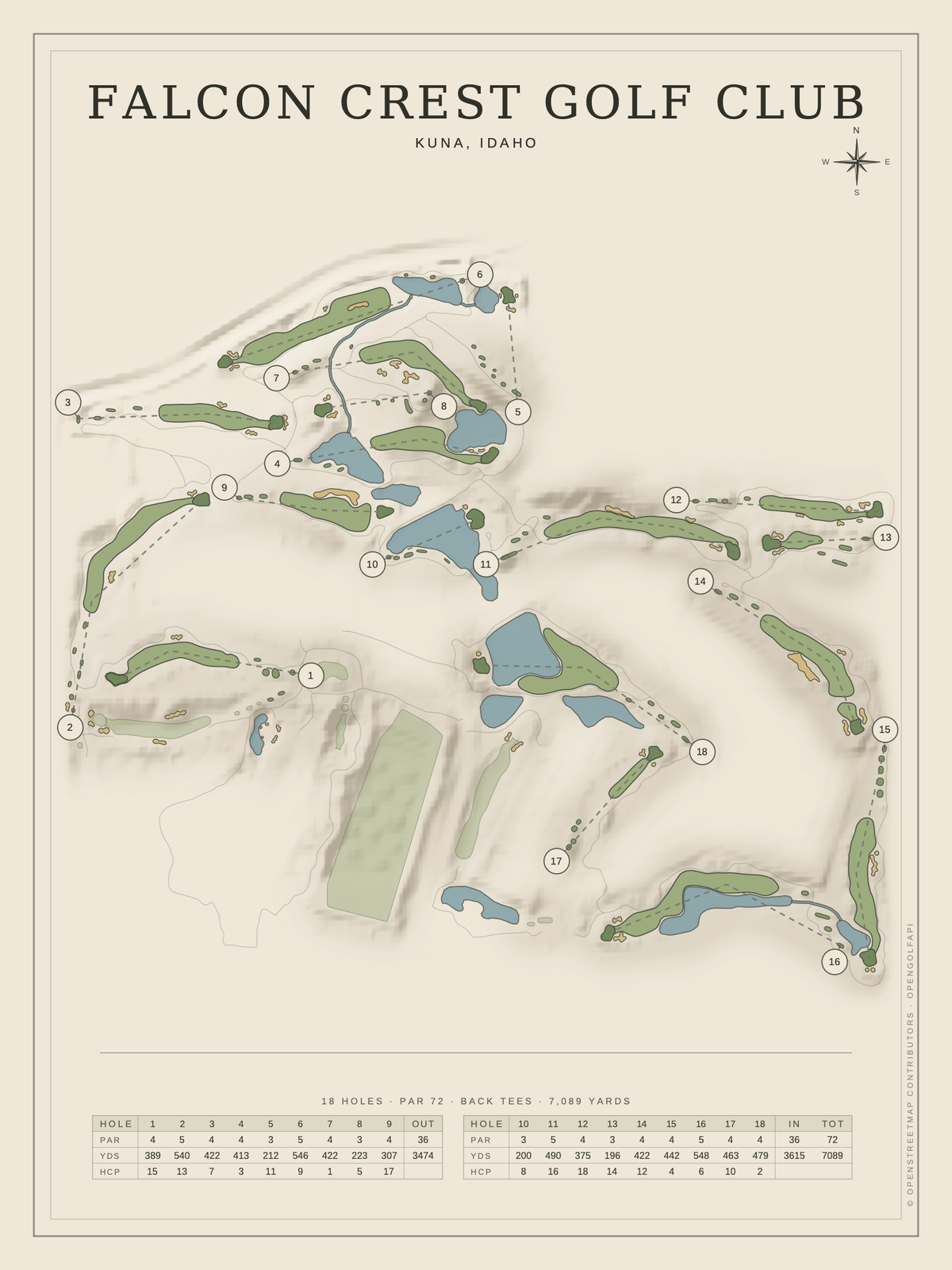 Falcon Crest Golf Club course map poster, Classic style, 12×16 / 18×24