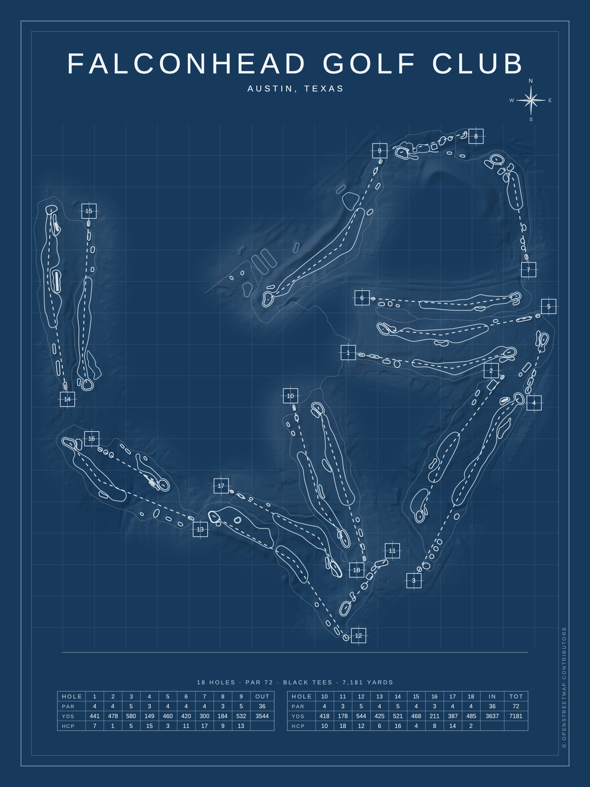 Falconhead Golf Club course map poster, Blueprint style, 12×16 / 18×24