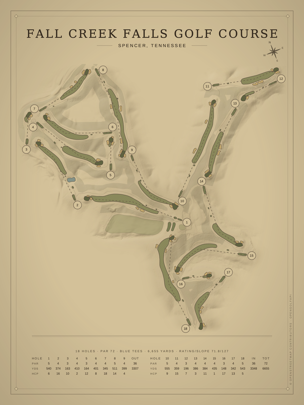 Fall Creek Falls Golf Course map poster, Vintage style, 12×16 / 18×24
