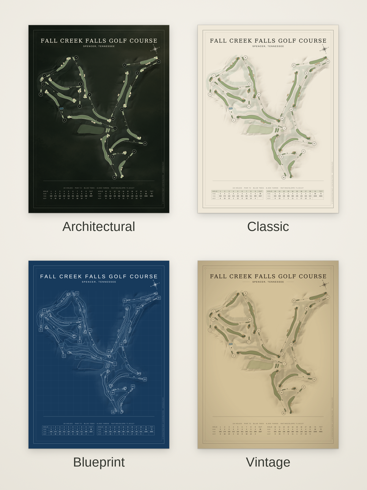 Fall Creek Falls Golf Course map poster in four styles: Architectural, Classic, Blueprint and Vintage