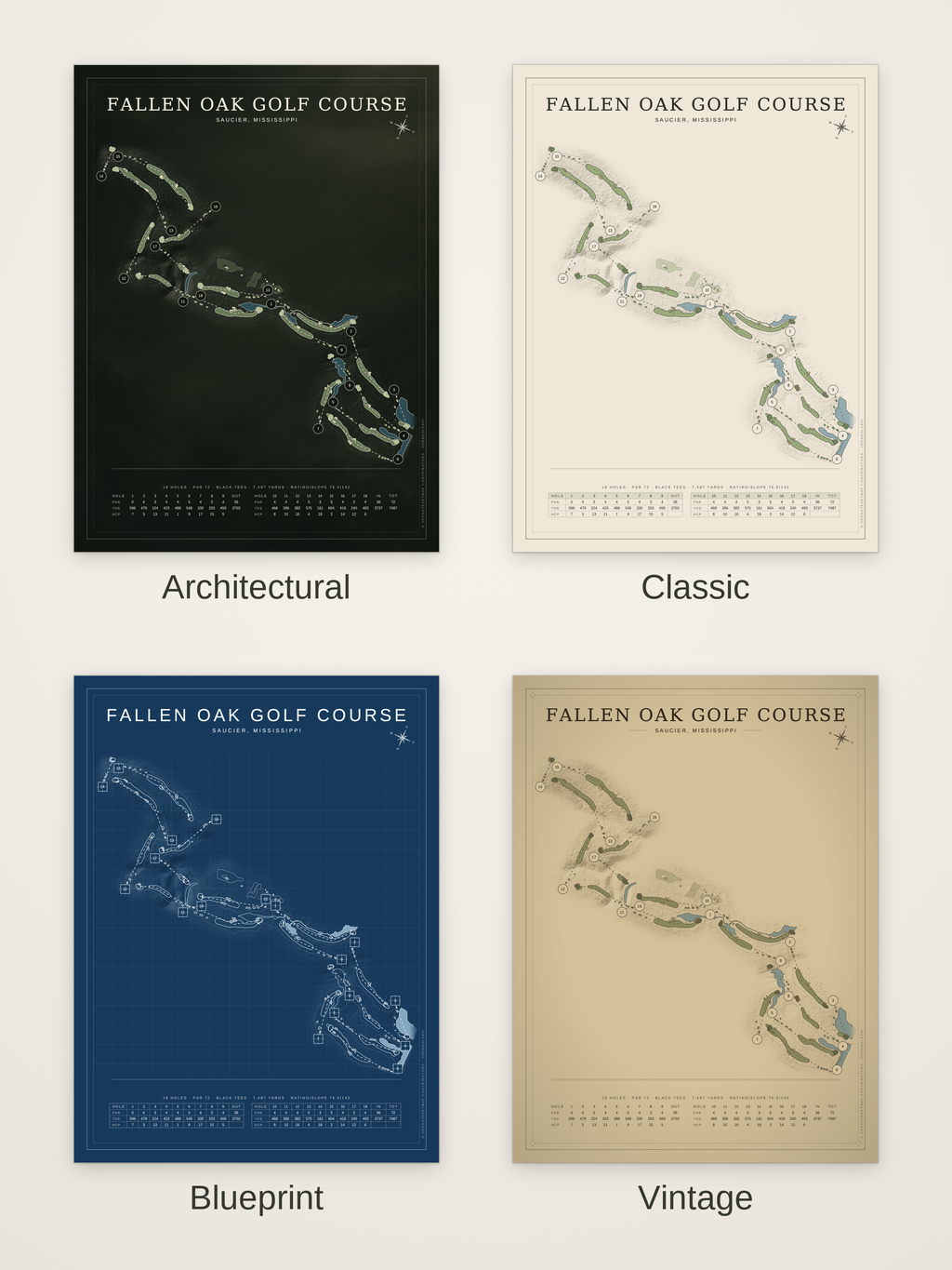 Fallen Oak Golf Course map poster in four styles: Architectural, Classic, Blueprint and Vintage