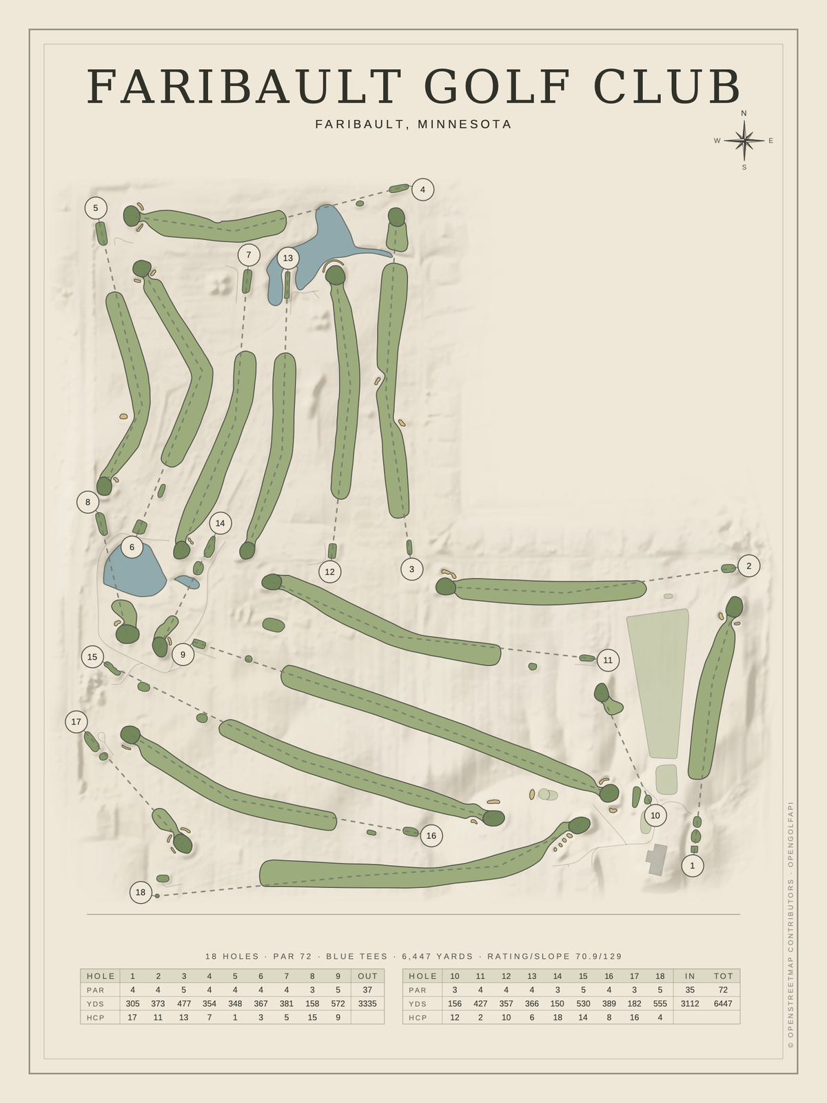 Faribault Golf Club course map poster, Classic style, 12×16 / 18×24