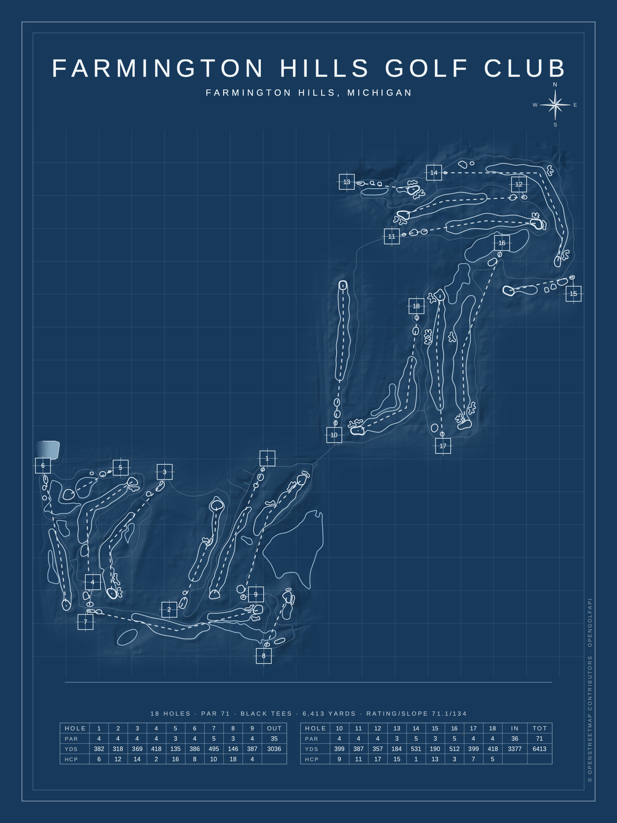 Farmington Hills Golf Club course map poster, Blueprint style, 12×16 / 18×24