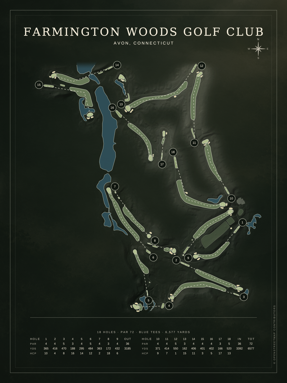 Farmington Woods Golf Club course map poster, Architectural style, 12×16 / 18×24
