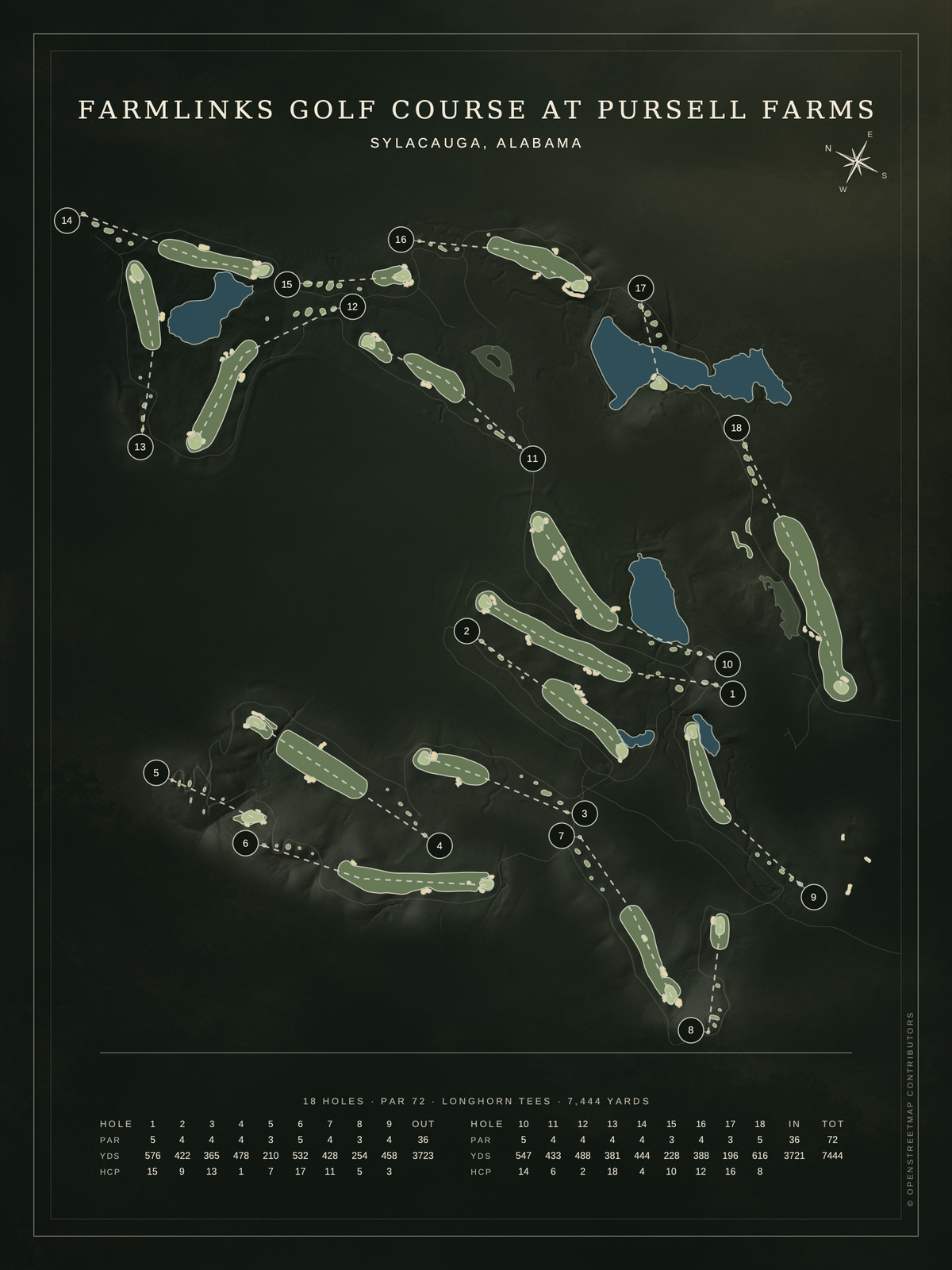 FarmLinks Golf Course at Pursell Farms course map poster, Architectural style, 12×16 / 18×24
