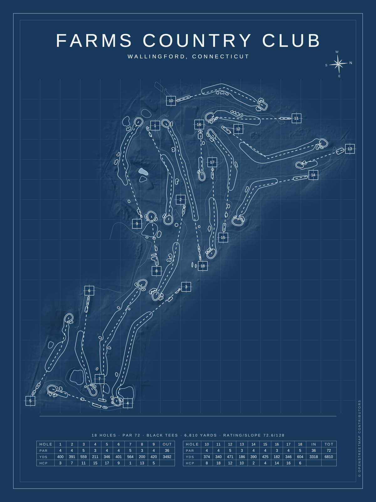 Farms Country Club course map poster, Blueprint style, 12×16 / 18×24