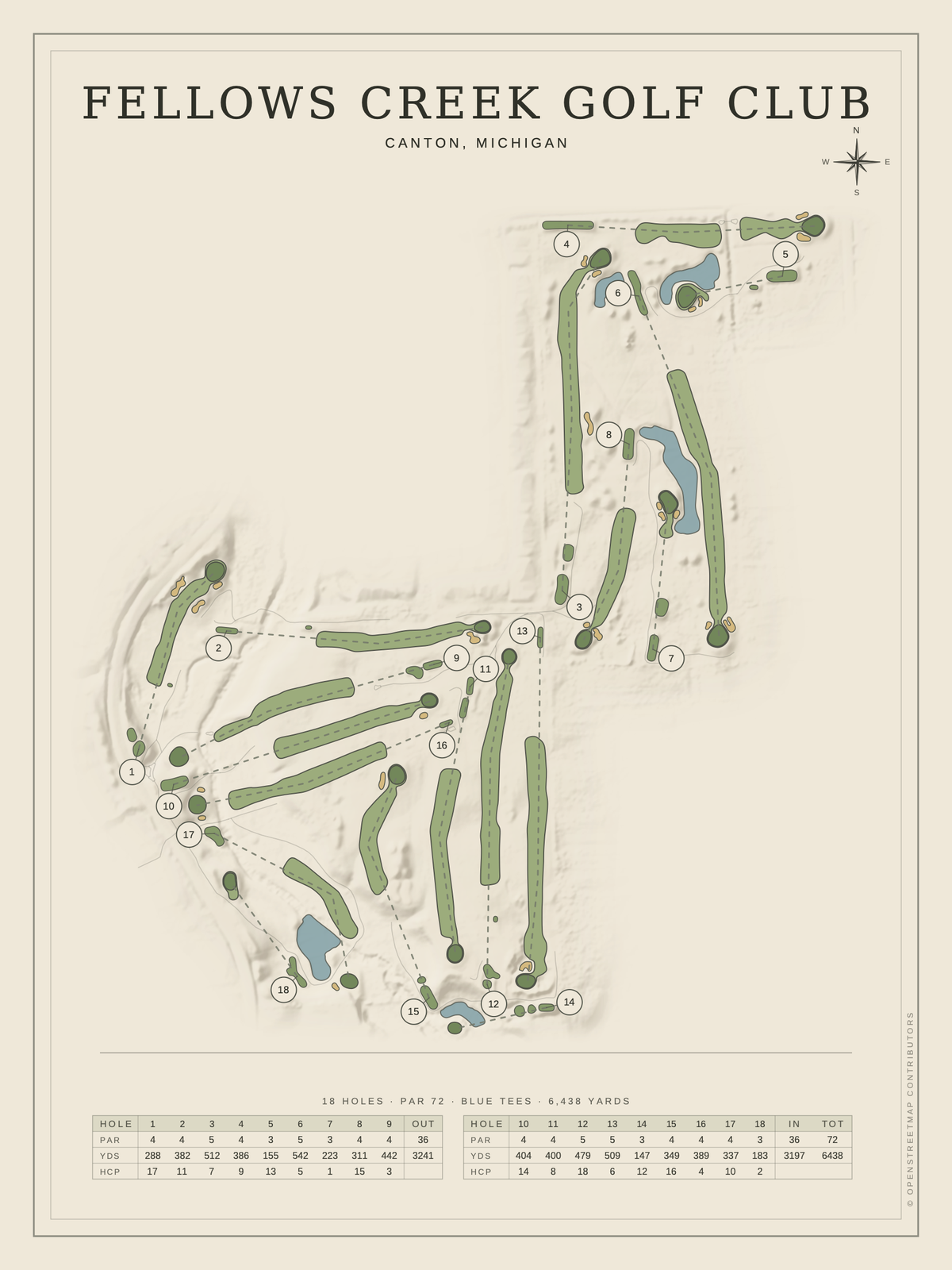 Fellows Creek Golf Club course map poster, Classic style, 12×16 / 18×24