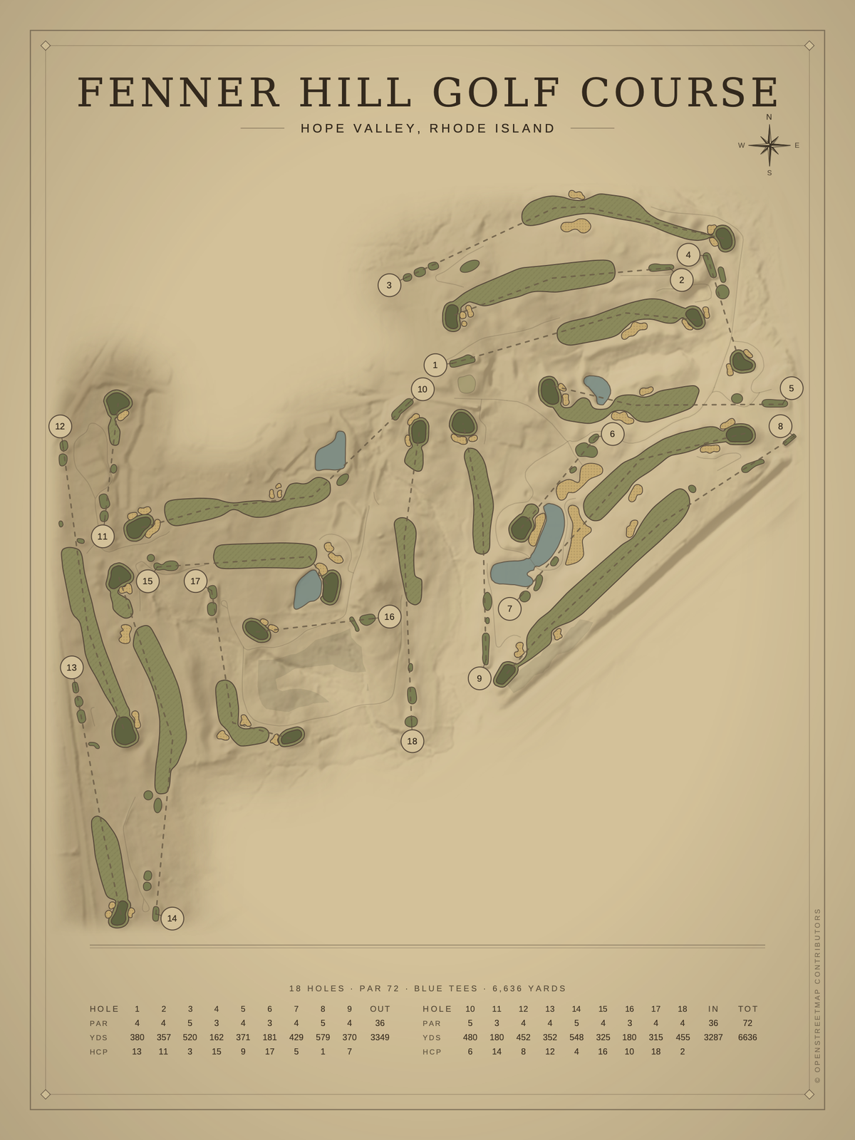 Fenner Hill Golf Course map poster, Vintage style, 12×16 / 18×24