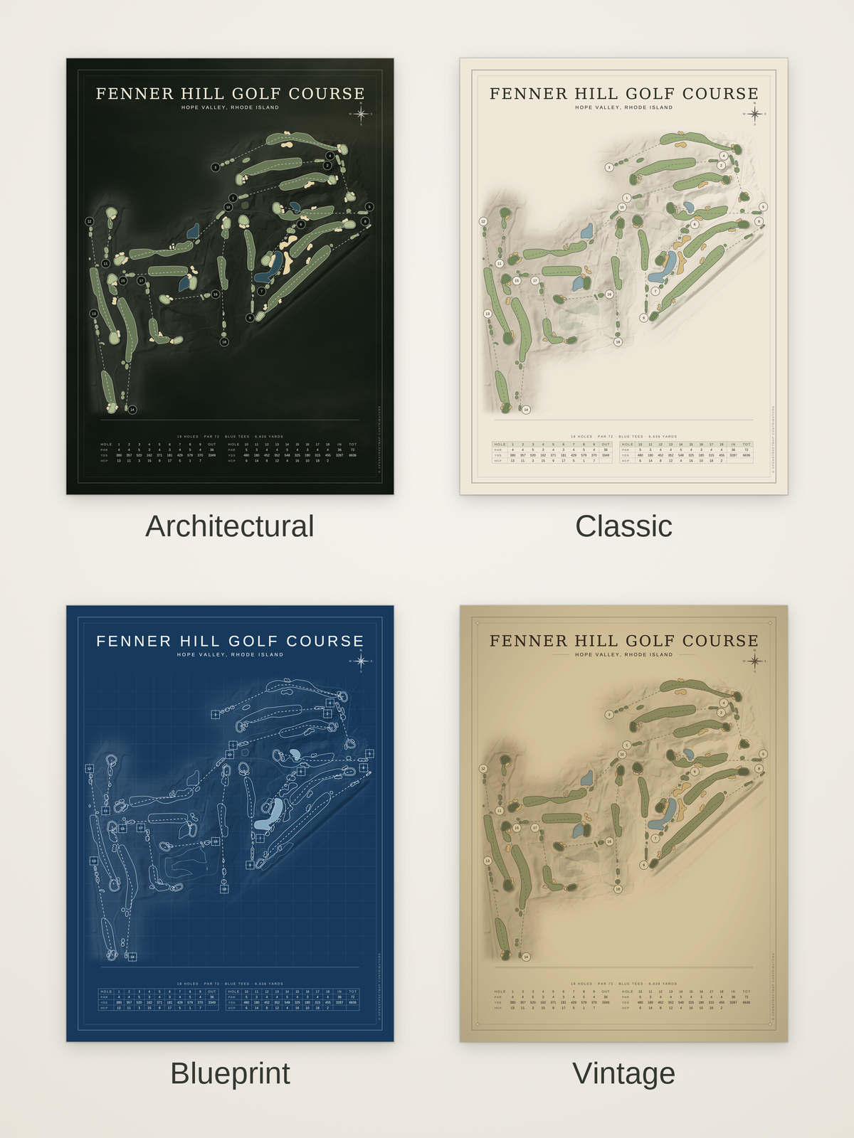 Fenner Hill Golf Course map poster in four styles: Architectural, Classic, Blueprint and Vintage