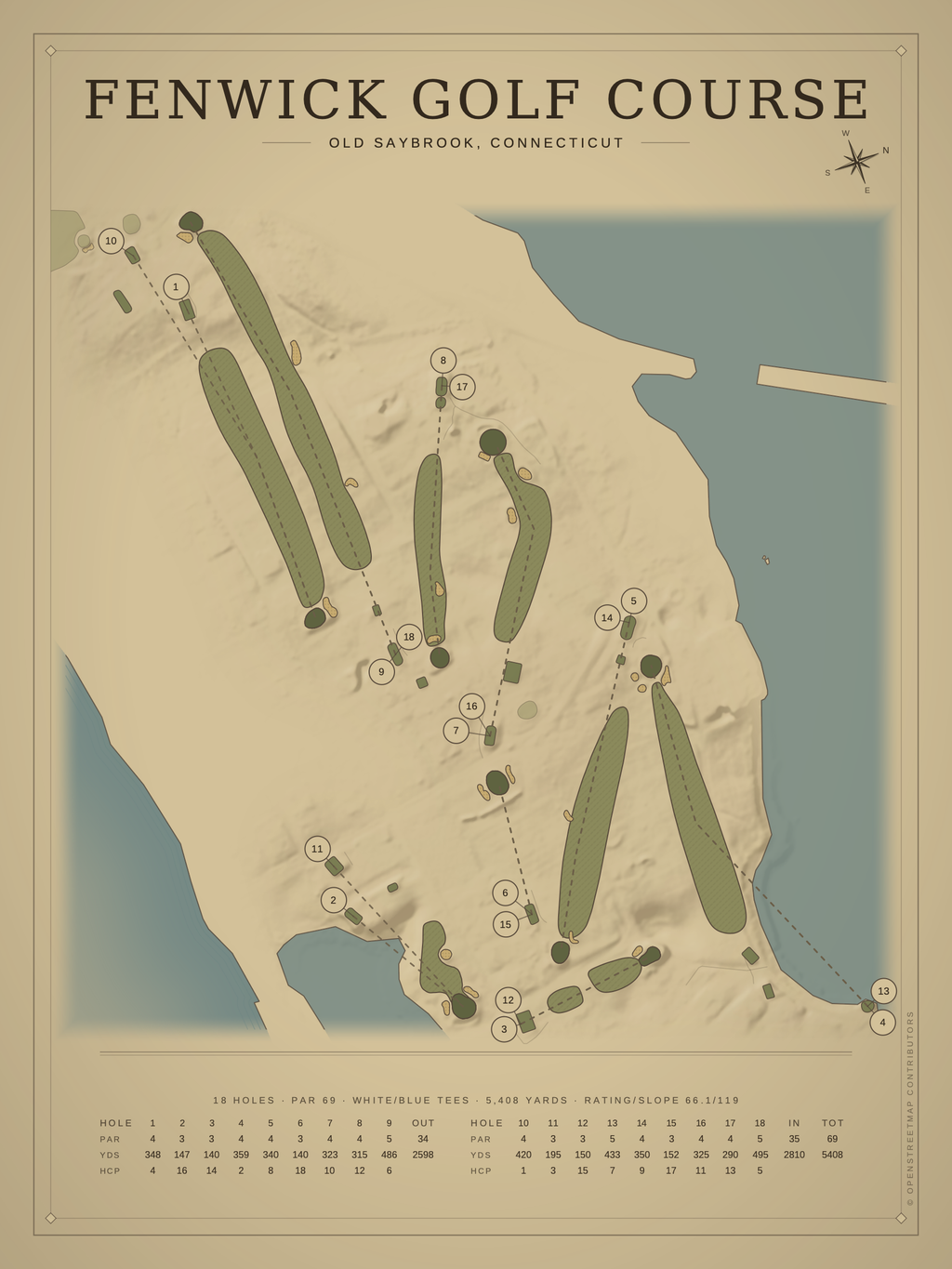 Fenwick Golf Course map poster, Vintage style, 12×16 / 18×24