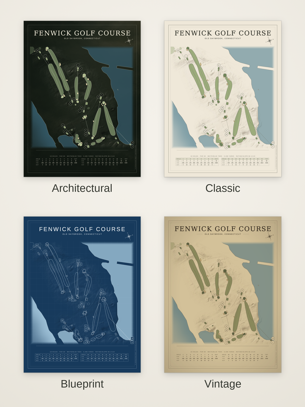 Fenwick Golf Course map poster in four styles: Architectural, Classic, Blueprint and Vintage