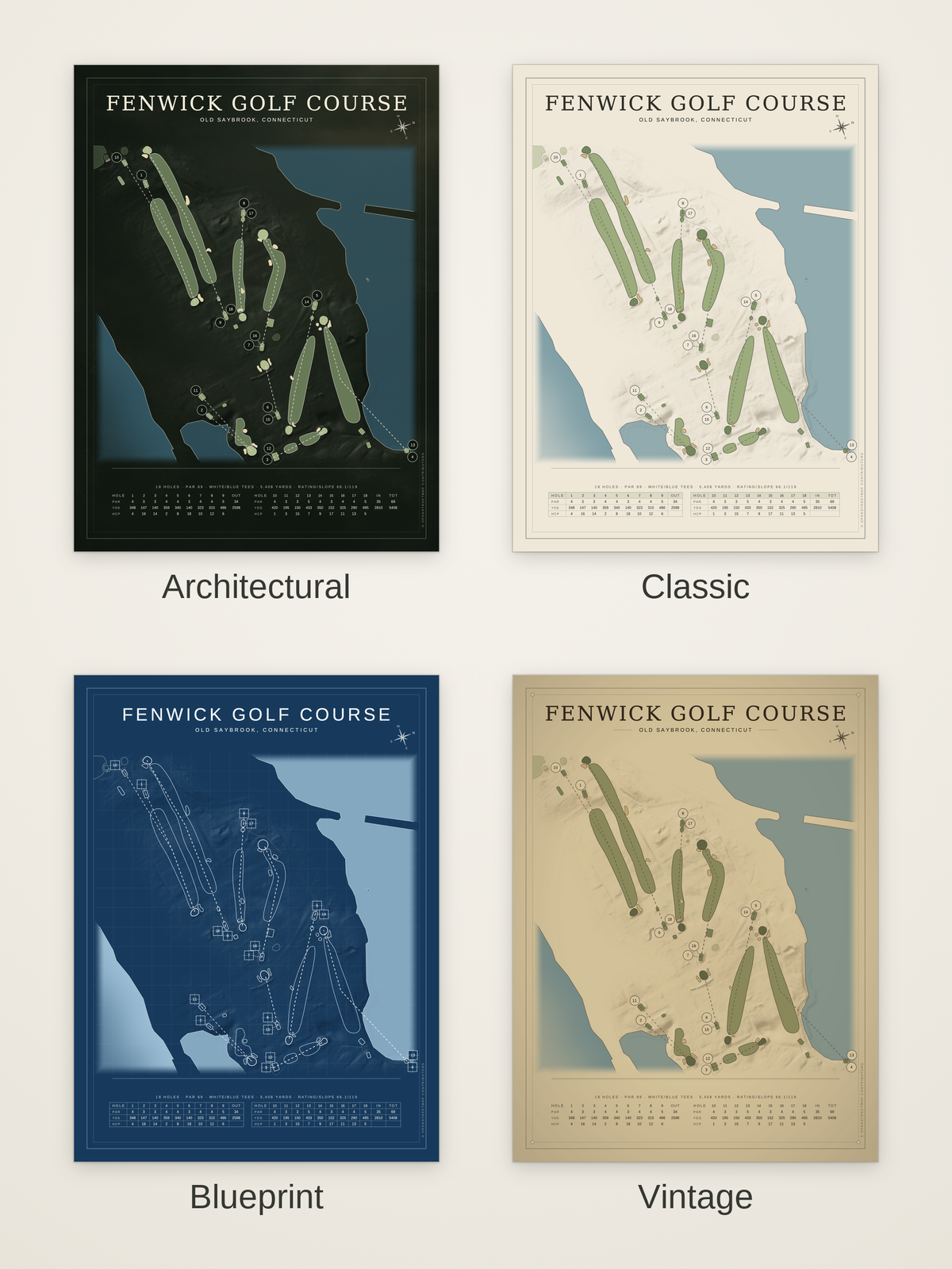 Fenwick Golf Course map poster in four styles: Architectural, Classic, Blueprint and Vintage