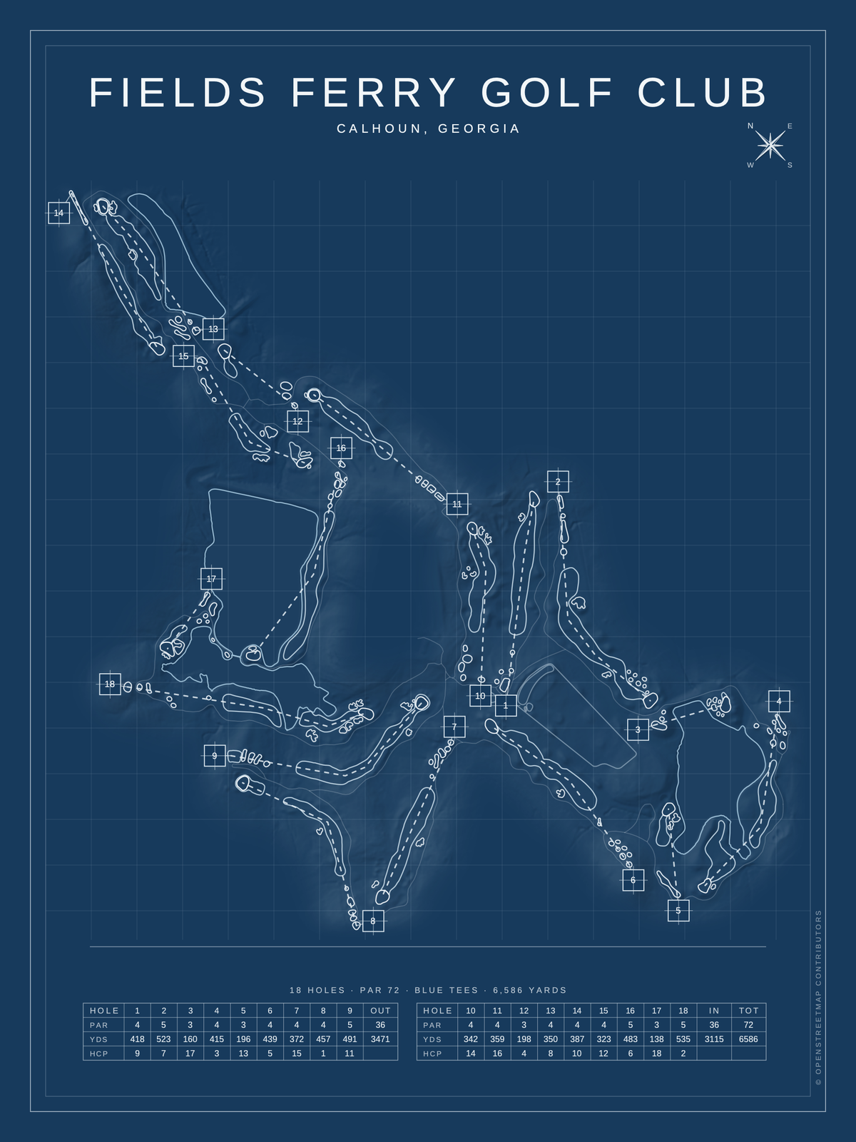 Fields Ferry Golf Club course map poster, Blueprint style, 12×16 / 18×24
