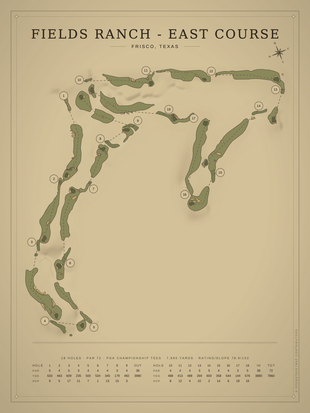 Fields Ranch - East Course map poster, Vintage style, 12×16 / 18×24