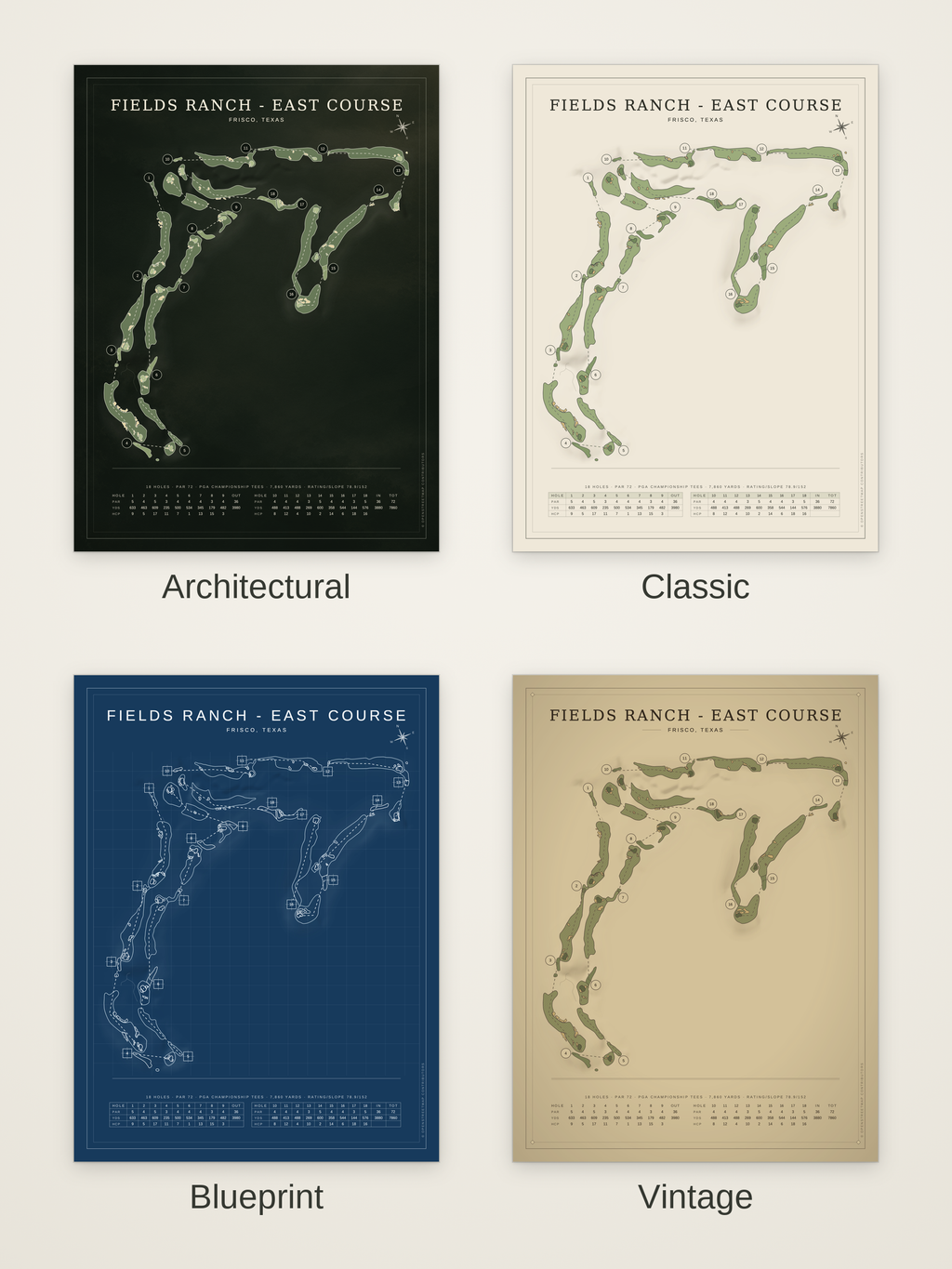 Fields Ranch - East Course map poster in four styles: Architectural, Classic, Blueprint and Vintage