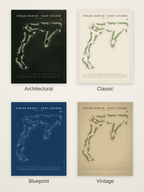 Fields Ranch - East Course map poster in four styles: Architectural, Classic, Blueprint and Vintage