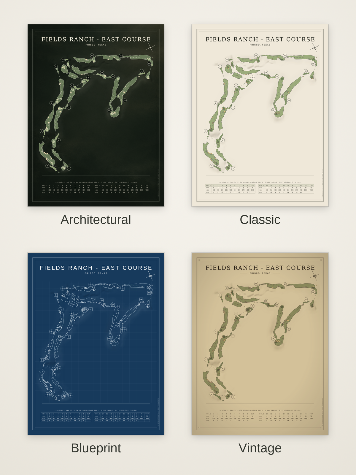 Fields Ranch - East Course map poster in four styles: Architectural, Classic, Blueprint and Vintage