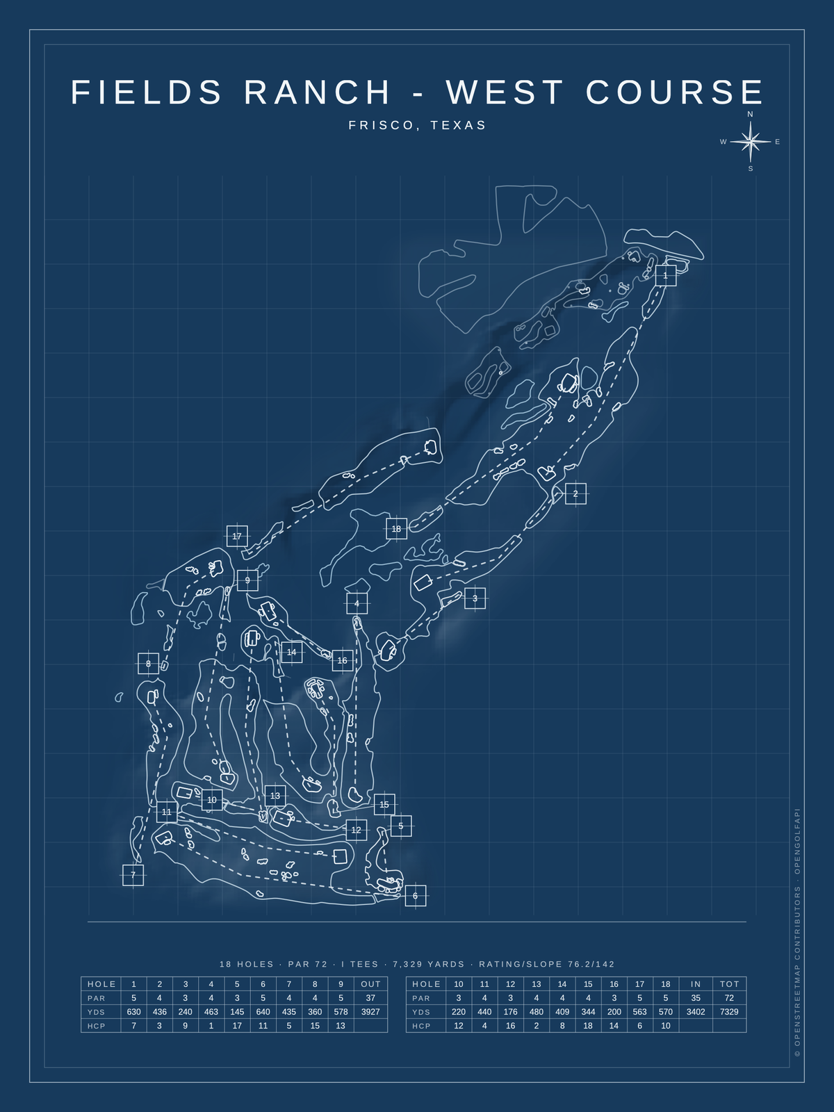 Fields Ranch - West Course map poster, Blueprint style, 12×16 / 18×24