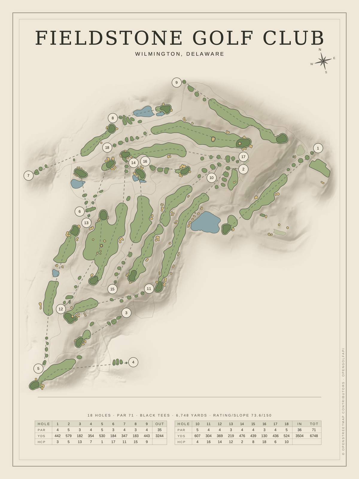 Fieldstone Golf Club course map poster, Classic style, 12×16 / 18×24
