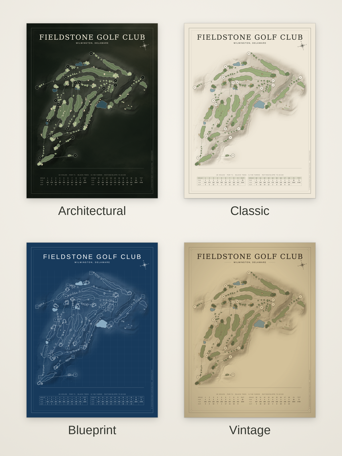 Fieldstone Golf Club course map poster in four styles: Architectural, Classic, Blueprint and Vintage
