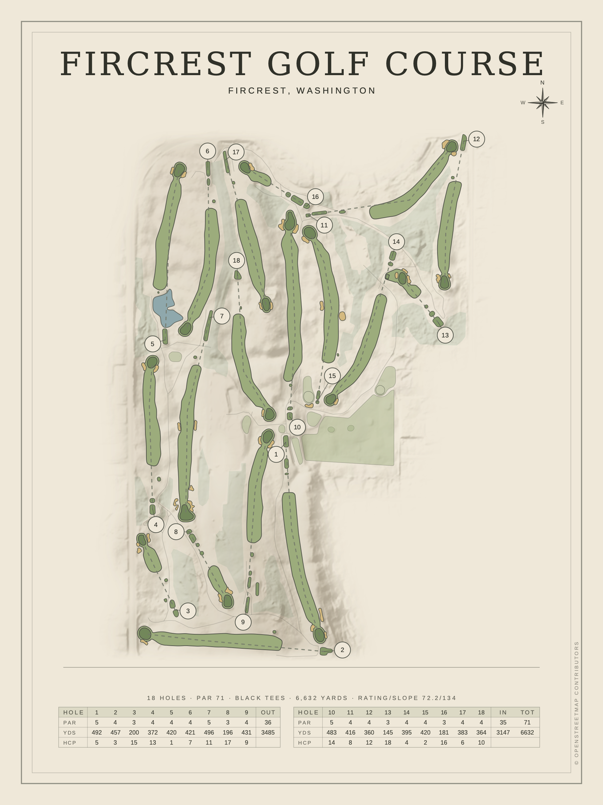 Fircrest Golf Course map poster, Classic style, 12×16 / 18×24
