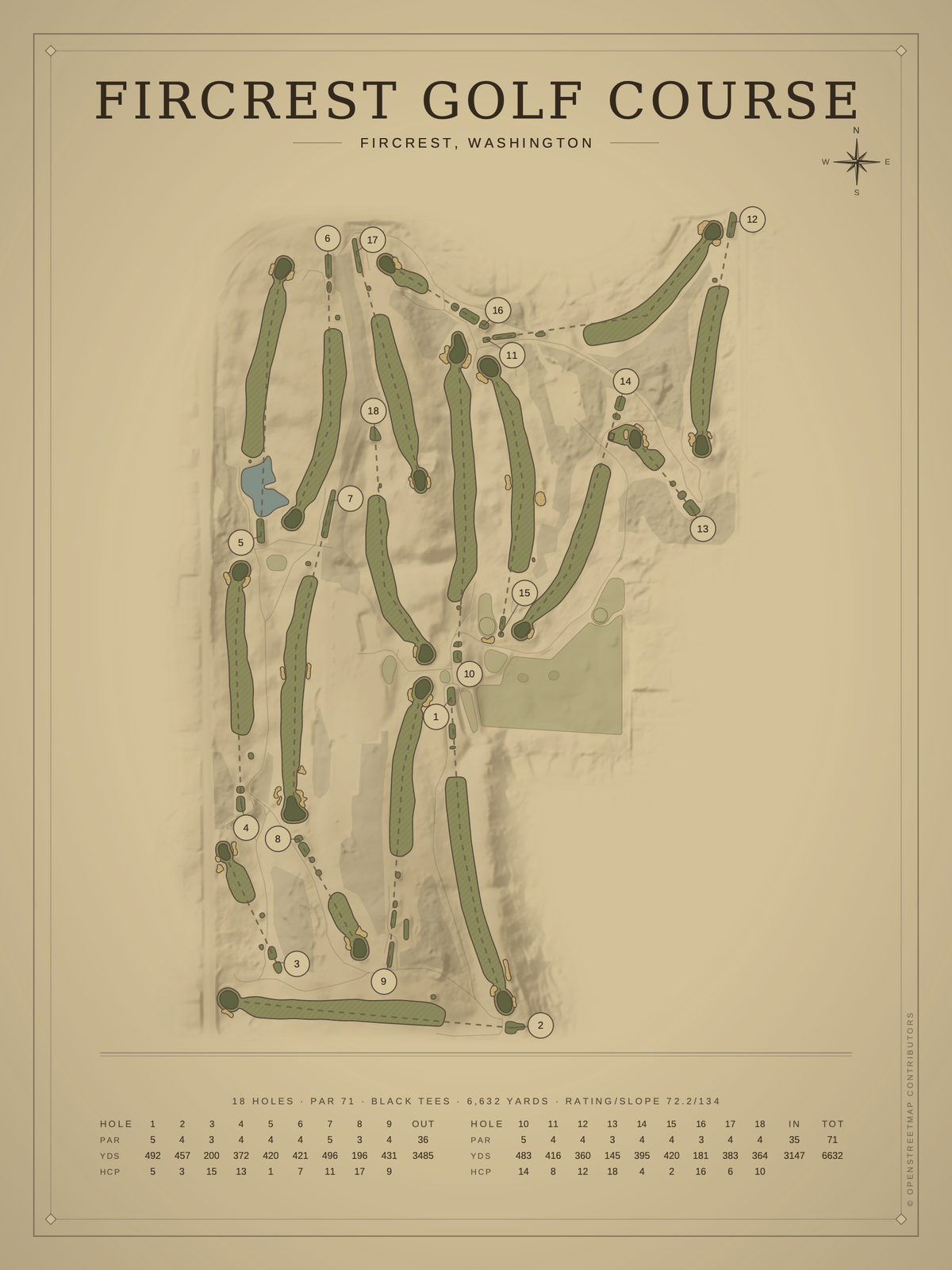 Fircrest Golf Course map poster, Vintage style, 12×16 / 18×24