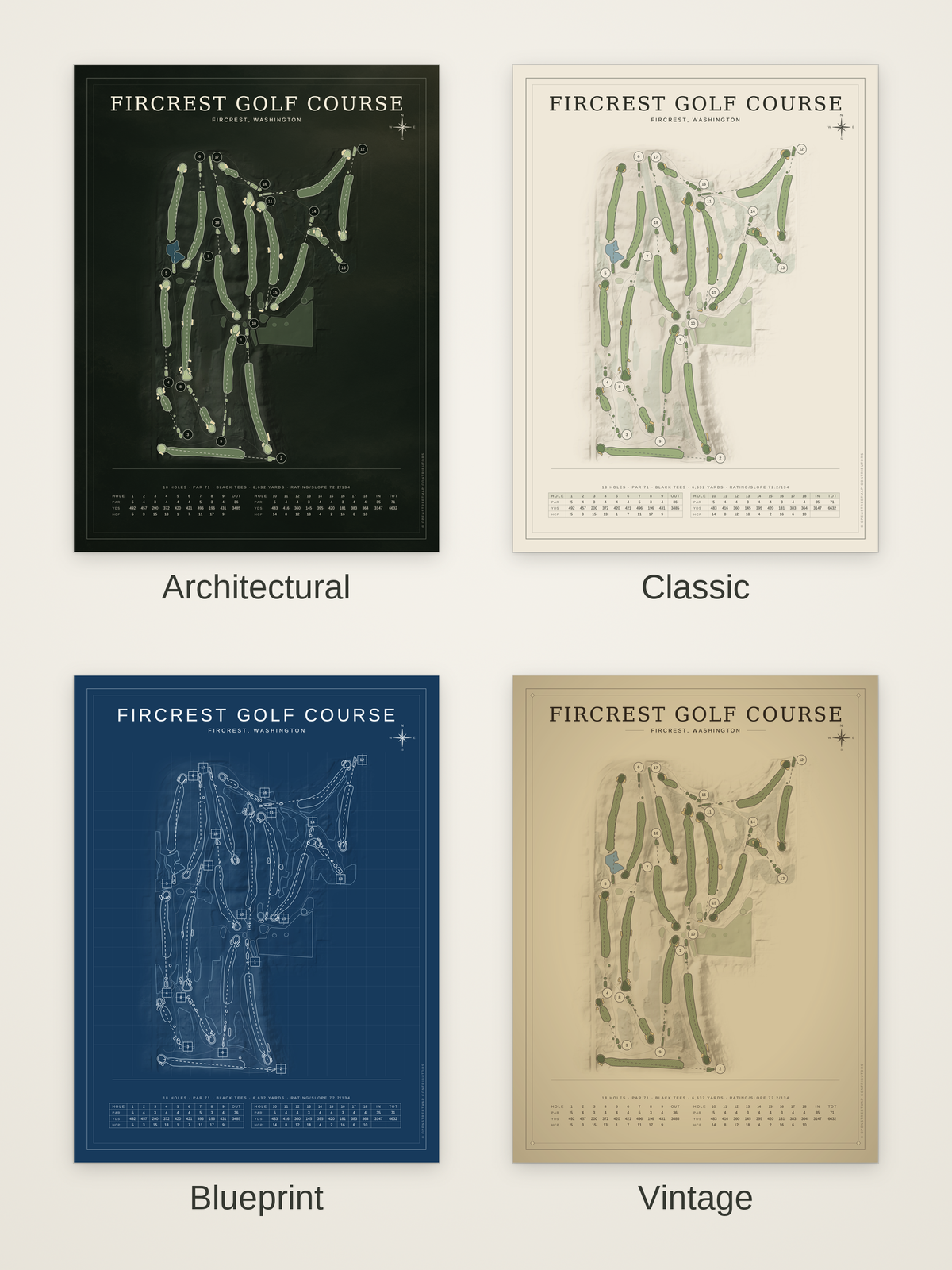 Fircrest Golf Course map poster in four styles: Architectural, Classic, Blueprint and Vintage
