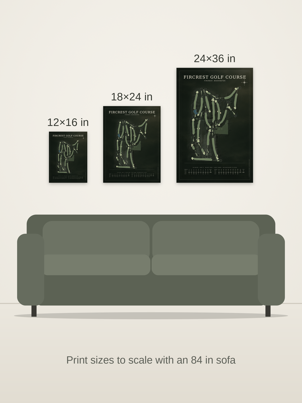 Fircrest Golf Course map poster in the Architectural style at 12×16, 18×24 and 24×36 inches, shown to scale on a wall above an 84-inch sofa
