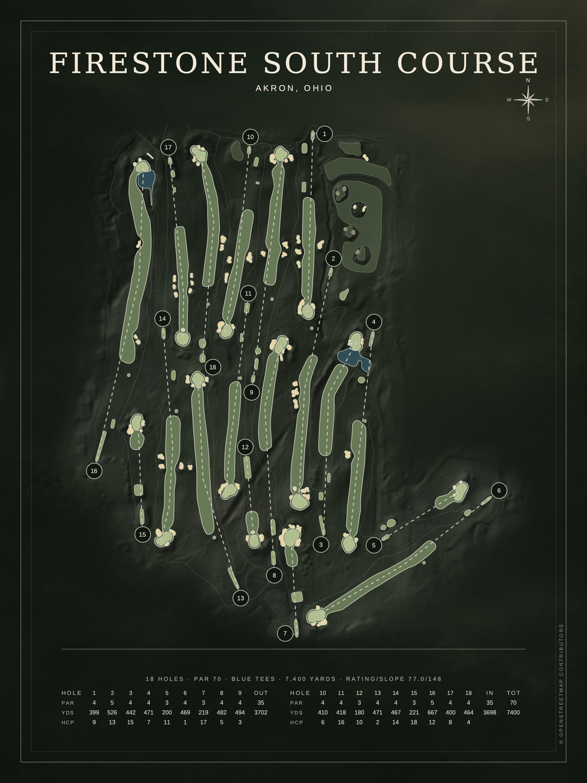 Firestone South Course map poster, Architectural style, 12×16 / 18×24