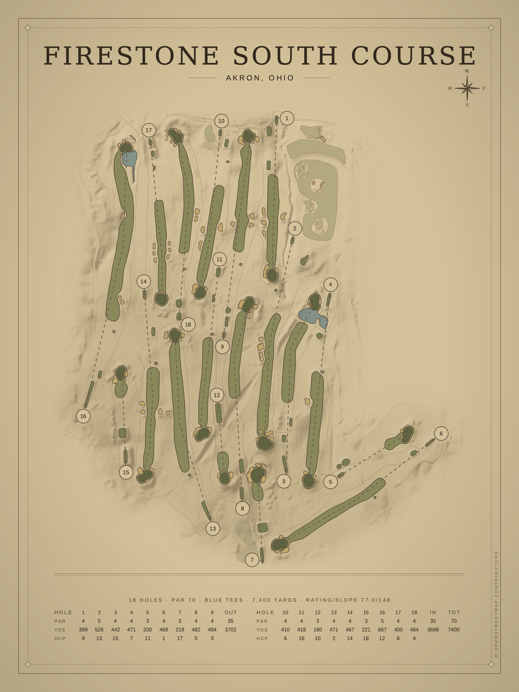 Firestone South Course map poster, Vintage style, 12×16 / 18×24