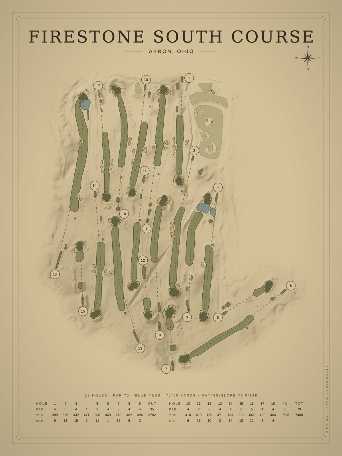 Firestone South Course map poster, Vintage style, 12×16 / 18×24