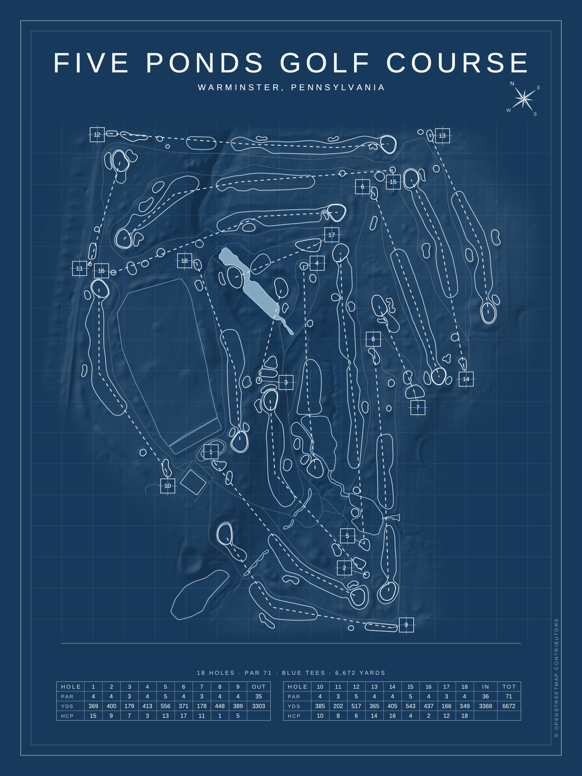 Five Ponds Golf Course map poster, Blueprint style, 12×16 / 18×24