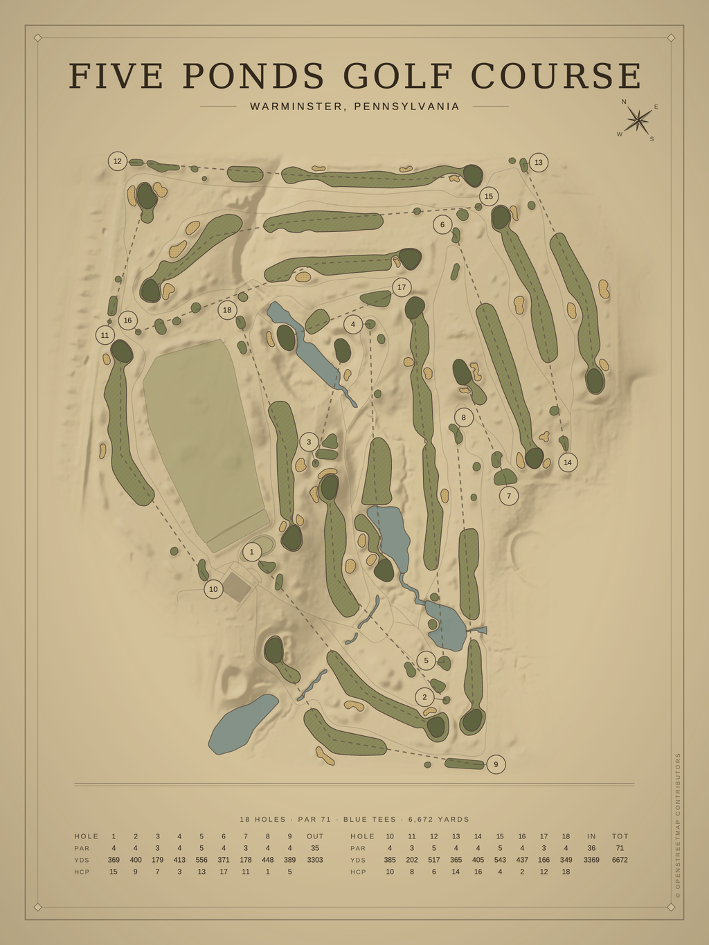 Five Ponds Golf Course map poster, Vintage style, 12×16 / 18×24