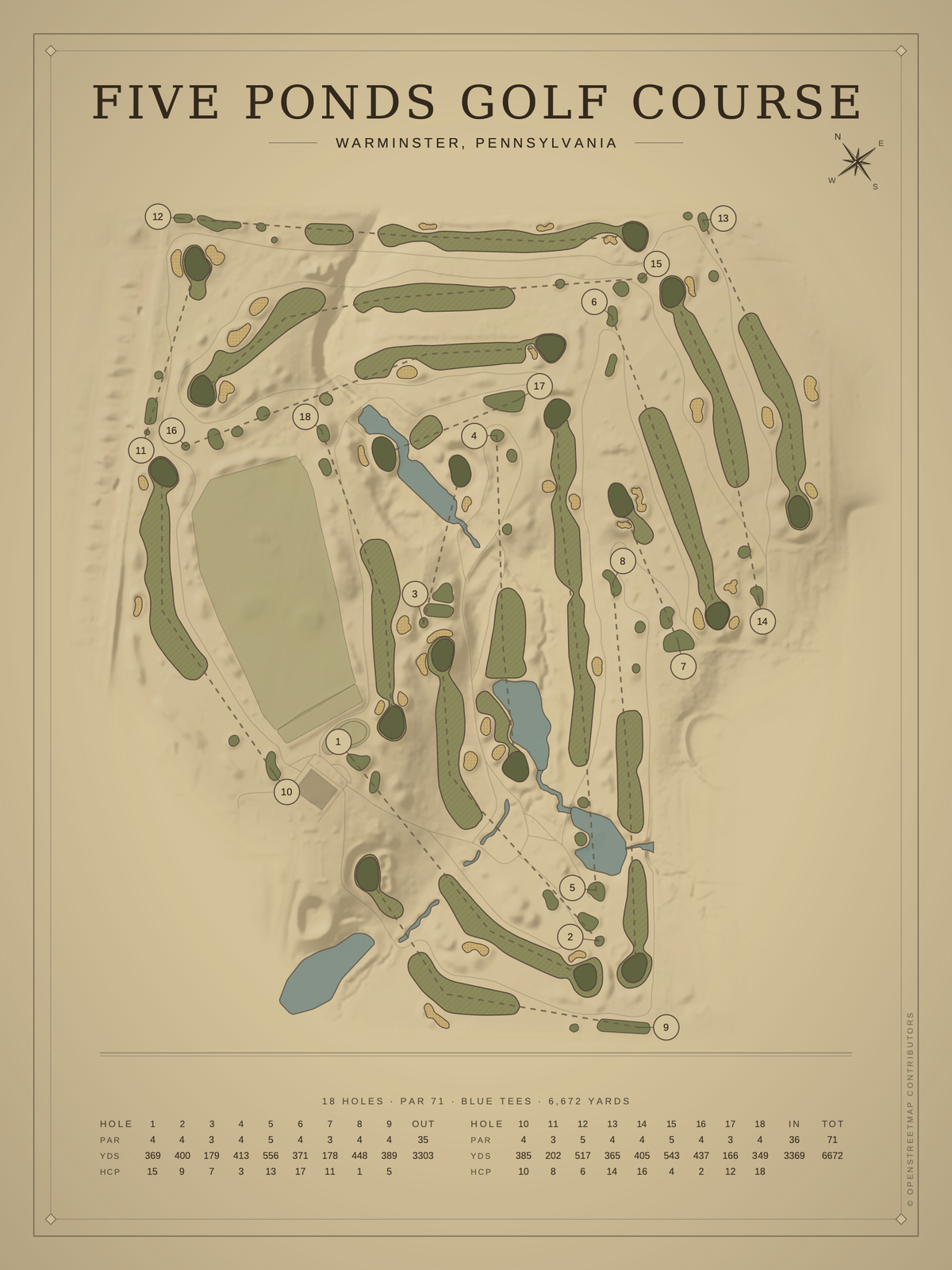 Five Ponds Golf Course map poster, Vintage style, 12×16 / 18×24