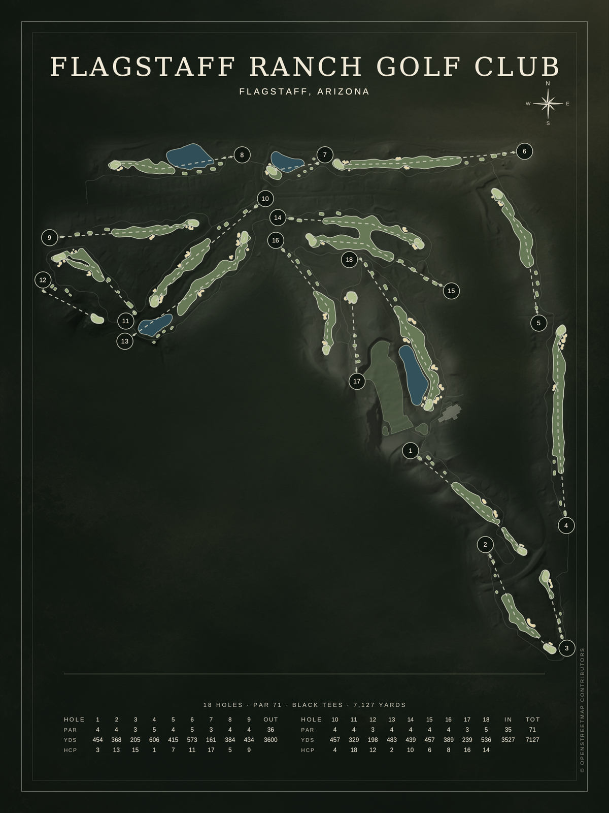 Flagstaff Ranch Golf Club course map poster, Architectural style, 12×16 / 18×24